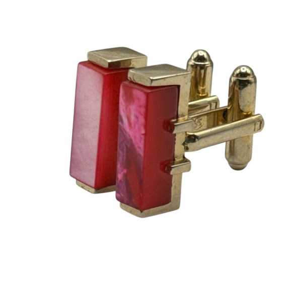 Vintage Gold Tone Glass Stone Red/Pink Rectangle Cufflinks Markers Mark "S" - Picture 7 of 7